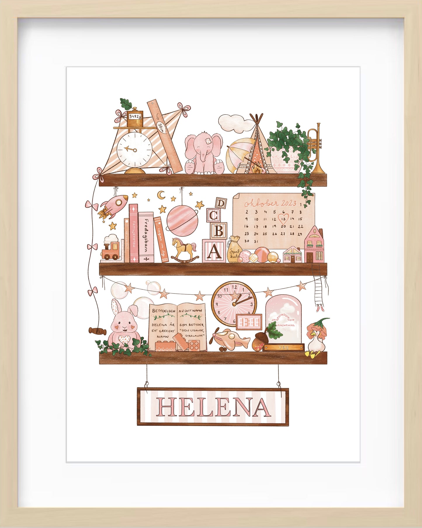 Myself On A Shelf - Personlig barntavla - Cloud Pink - Träram
